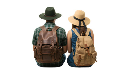 Couple with backpacks sitting isolated