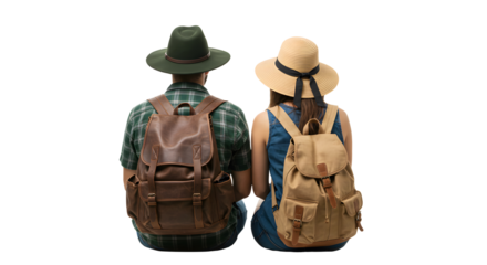 Couple with backpacks sitting isolated