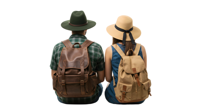 Couple with backpacks sitting isolated