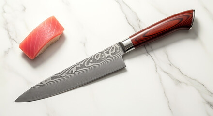 Elegant sushi knife with damascus pattern on marble surface for culinary excellence © Dzenka
