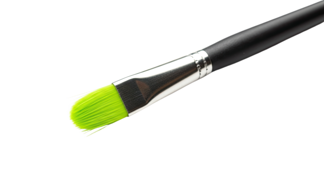 Green paint on a paintbrush bristles closeup.