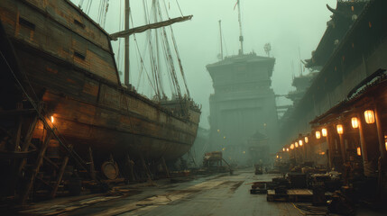 Ming dynasty shipyard with massive wooden junk in foggy harbor