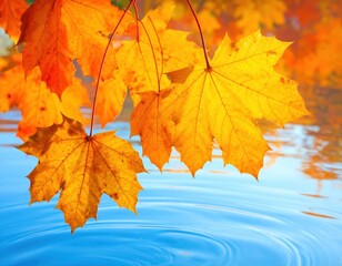 Obraz premium Vibrant autumn leaves, with their rich orange hues, gracefully hang over a placid, light-blue water surface, creating a serene autumnal scene.