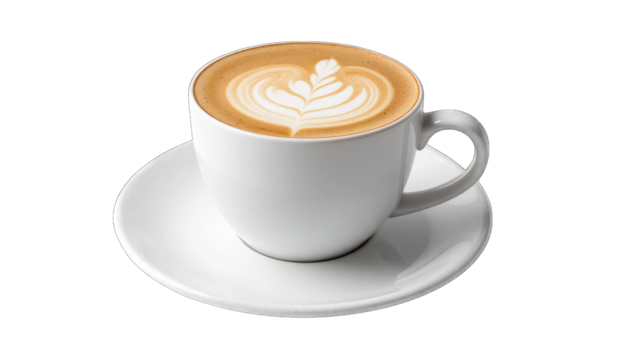 White cup of latte with latte art on black background isolated on a transparent background