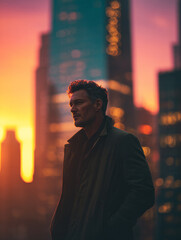 A man stands against the backdrop of a city during sunset.