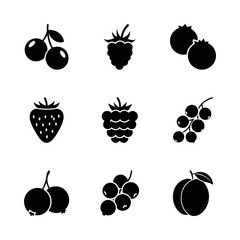 A simple set of black silhouette icons depicting various garden berries and summer fruits for design
