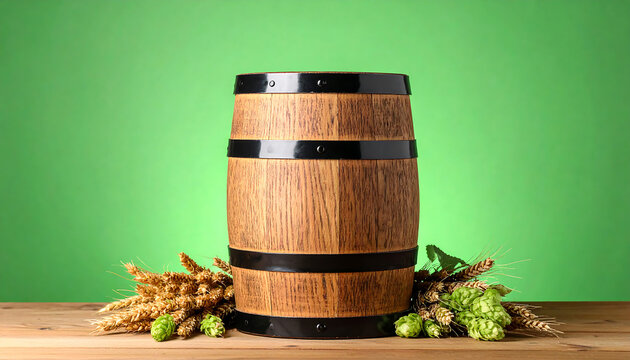 Classic wooden barrel on a rustic table, accompanied by ripe hops and golden ears of wheat, symbolizing the brewing process against a vibrant green backdrop