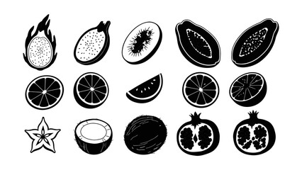 A graphic collection of various tropical and exotic fruit icons in a bold monochrome style