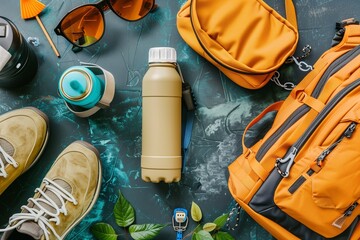 Flat lay of eco-friendly reusable water bottle, travel backpack, and hiking shoes neatly arranged.