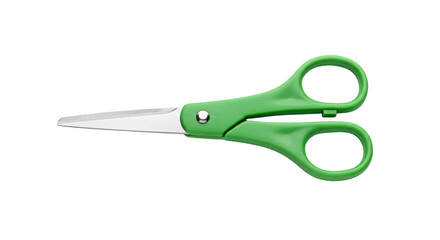 Green plastic handled scissors isolated on white.