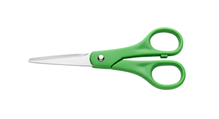 Green plastic handled scissors isolated on white.