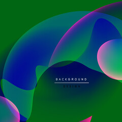 Abstract fluid shapes overlap, creating vibrant color gradients. Green dominates background, accented by blues, pinks, purples. Modern design element.