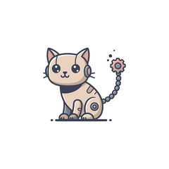 Obraz premium Cute cartoon robot cat with mechanical tail – flat illustration