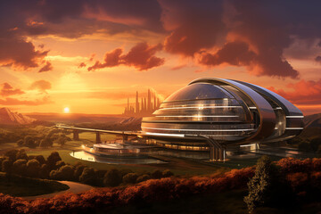 Obraz premium Advanced technology research center with large solar panels