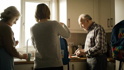 Woman prepares breakfast in cozy kitchen while elderly man slices vegetables, showcasing a warm family moment filled with care and connection during morning routine - Powered by Adobe