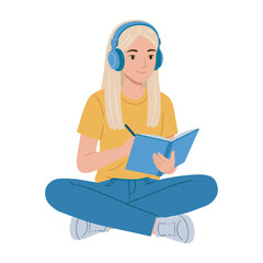 Obraz premium Young caucasian female listening to music and journaling – flat illustration