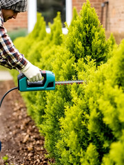 Gardener trimming thuja shrub by electric hedge trimmer in garden
