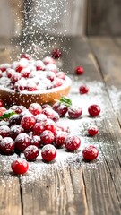 Powdered cranberries in bowl, falling sugar