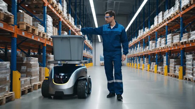 Warehouse worker in blue uniform interacts with autonomous delivery robot, guiding it through aisles filled with storage bins, showcasing advanced automation in logistics operations