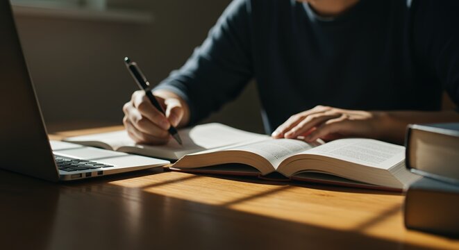 Person studying with open book notebooks and laptop on wooden desk in a well-lit room with natural sunlight and a dark wall background up close shot indoor setting