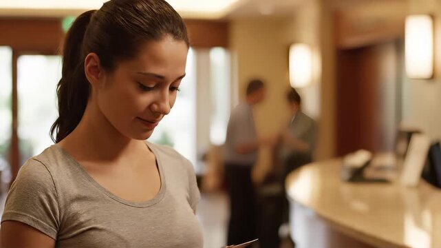Woman at reception desk engaged in a transaction, extending her hand with a card while receiving a response, showcasing the interaction and anticipation in a hotel lobby setting