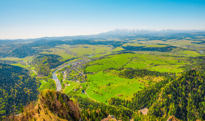 Hiking to peak Tri Koruny or Trzy Korony during day. Pieniny National park in Poland. View from the lookout at the top