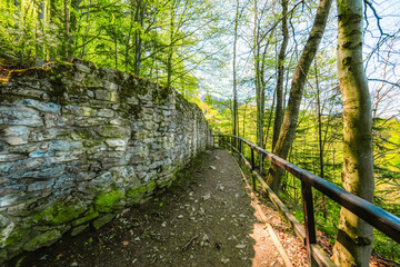 Hiking to Peak Tri Koruny or Trzy Korony during day. Pieniny National park in Poland. Pieniny Castle © Zedspider