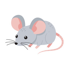 Fototapeta premium Cute cartoon grey mouse with whiskers and pink ears – flat illustration