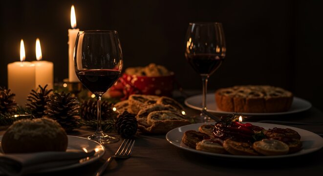 Warm candlelit dinner table with two glasses of red wine, assorted cookies and pastries, pinecones and candles creating a cozy festive holiday ambiance