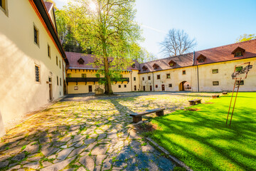 Medieval monastery Cerveny Klastor near Peak Tri Koruny or Trzy Korony in Pieniny National park in Slovakia and Poland © Zedspider