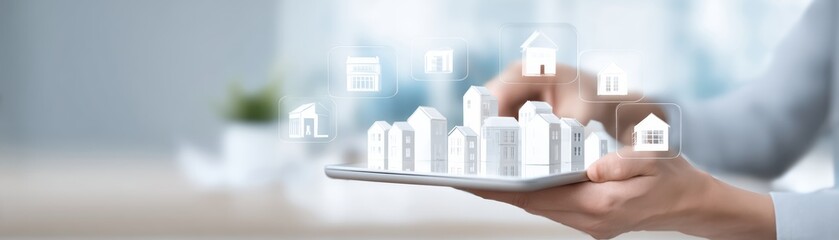 A person interacts with digital house models on a tablet, symbolizing real estate innovation and technology in property management.
