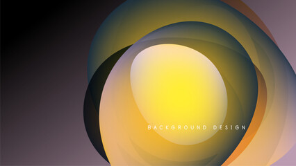 Abstract layers create circular design. Yellow, orange, blue hues blend into dark background. Minimalist, modern aesthetic.