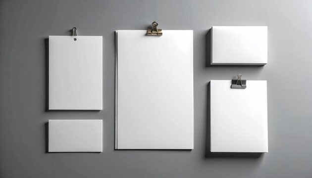 Blank white papers and envelopes arranged on a gray background, showcasing a modern design mockup.