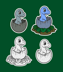 Blue baby sauropod hatching in leafy nest sticker illustration © son