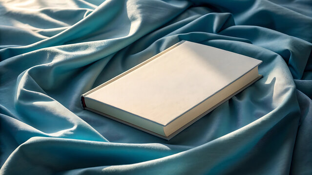 A blank book rests on luxurious teal satin fabric with soft light and shadows