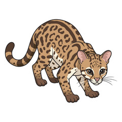 Cartoon ocelot illustration: spotted wild cat with curious expression – flat illustration