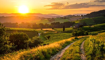 Sun setting over rolling hills and vineyards