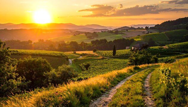Sun setting over rolling hills and vineyards