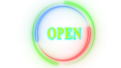 A glowing neon open sign isolated on transparent background, featuring a circular design with vibrant blue, green, and red lights, inviting customers in
