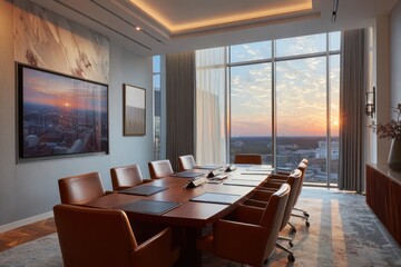 Modern conference room with city view at sunset