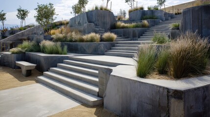 A concrete stairway with a concrete bench and plants