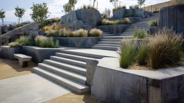 A concrete stairway with a concrete bench and plants - Powered by Adobe
