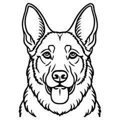 Detailed line art illustration of a german shepherd dog head facing forward