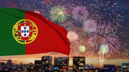 Portugal flag independence day waving in night city skyline with colorful fireworks, vertical green and red bands, central coat of arms, festive celebration. - Powered by Adobe