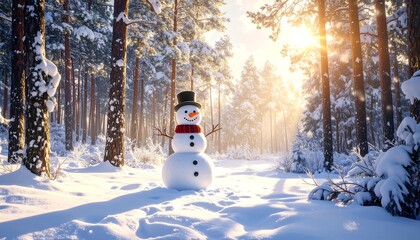 Obraz premium A jovial snowman stands in a sunlit, snow-covered forest. Evergreen trees and sunlight create a winter wonderland scene