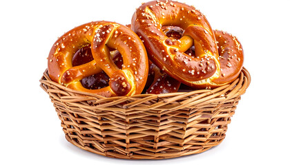 Freshly baked traditional German pretzels with coarse salt, a delicious golden brown snack served in a rustic wicker basket isolated on a white background