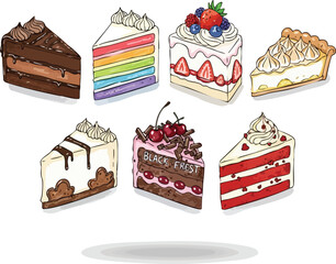 Delicious Cake Slices Assortment Hand Drawn Illustration