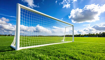 Fototapeta premium Soccer goal on a vibrant green field under a bright blue sky