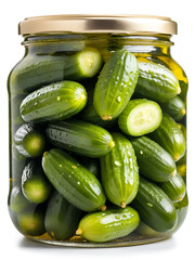 marinated pickled cucumbers isolated on white background, full depth of field