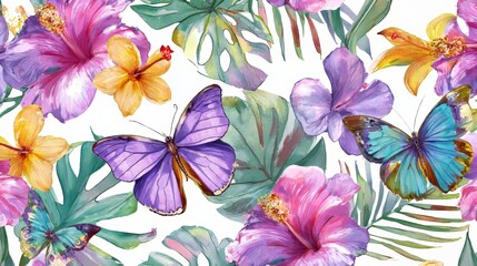 Fototapeta premium Vibrant Watercolor Hibiscus Flowers, Tropical Leaves, and Exotic Butterflies Seamless Pattern